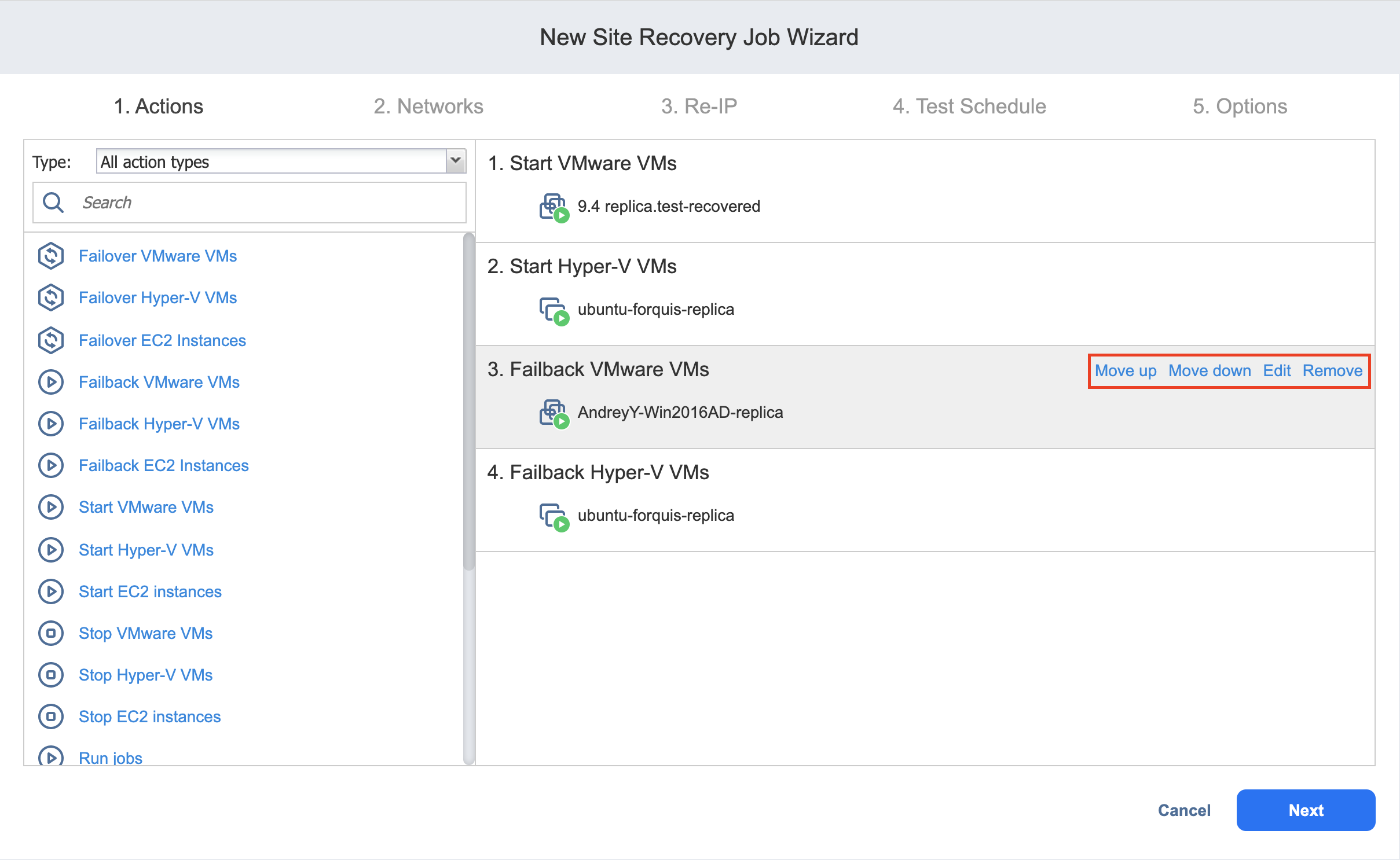 Site Recovery Job Wizard Actions
